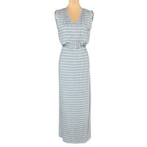 NWOT Striped Maxi Dress Sz.L Grey White Belted Coastal Minimalist Preppy Basic